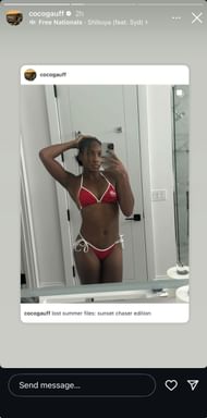 Gauff's Instagram Story featuring herself wearing a bikini, dated Tuesday, September 23, 2025 (Source: Instagram/cocogauff)